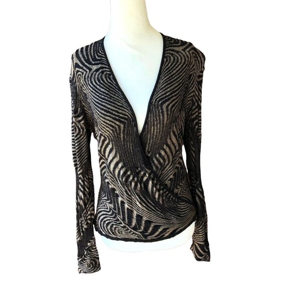 Zozo Zebra Print Long-Sleeve Knit Wrap Top V-Neck Sz. M Black/Brown - Picture 1 of 8